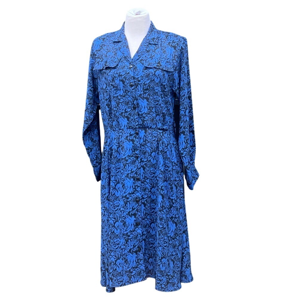 San Remo New York Blue‎ Black Floral Rose Button Front Midi Shirt Dress Womens